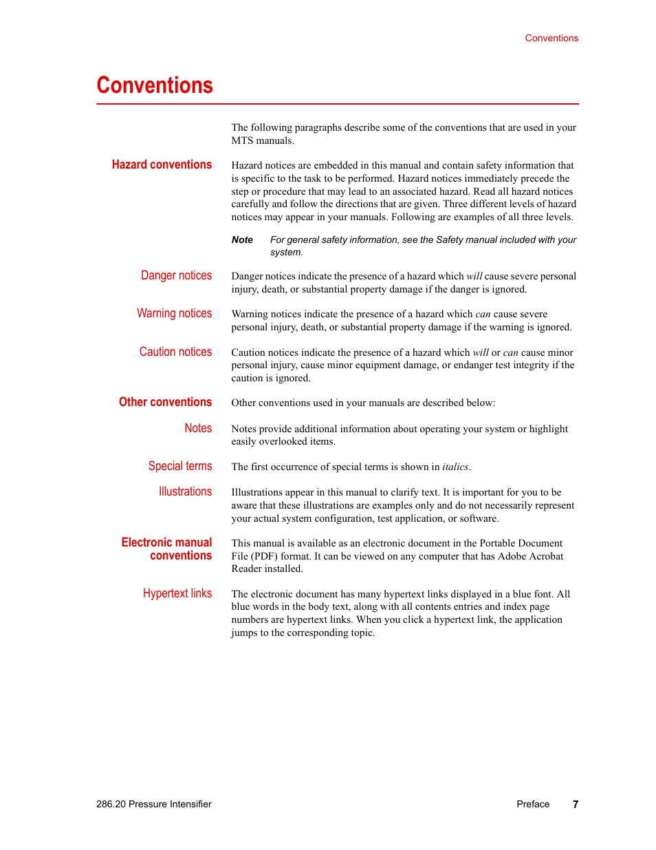 Conventions, Conventions 7 | MTS Model 286-20 Confining Pressure Intensifier User Manual | Page 7 / 46