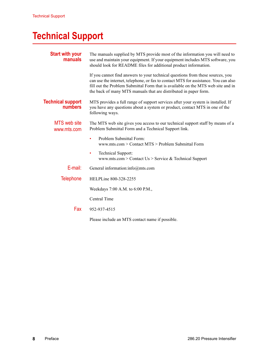 Technical support, Technical support 8 | MTS Model 286-20 Confining Pressure Intensifier User Manual | Page 8 / 46