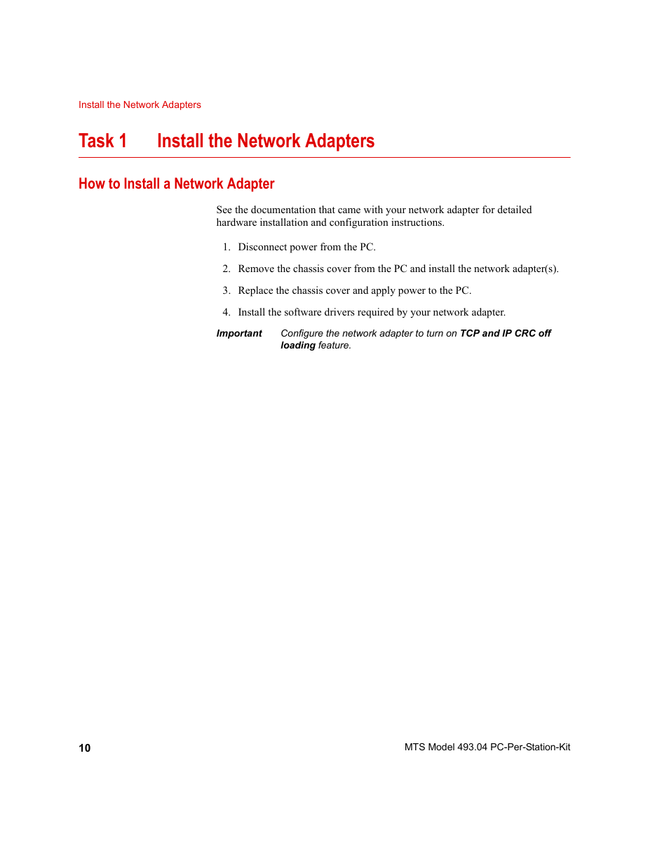 How to install a network adapter, How to install a network adapter 10, Task 1 install the network adapters | MTS Model 493-04 PC-Per-Station Kit User Manual | Page 10 / 24