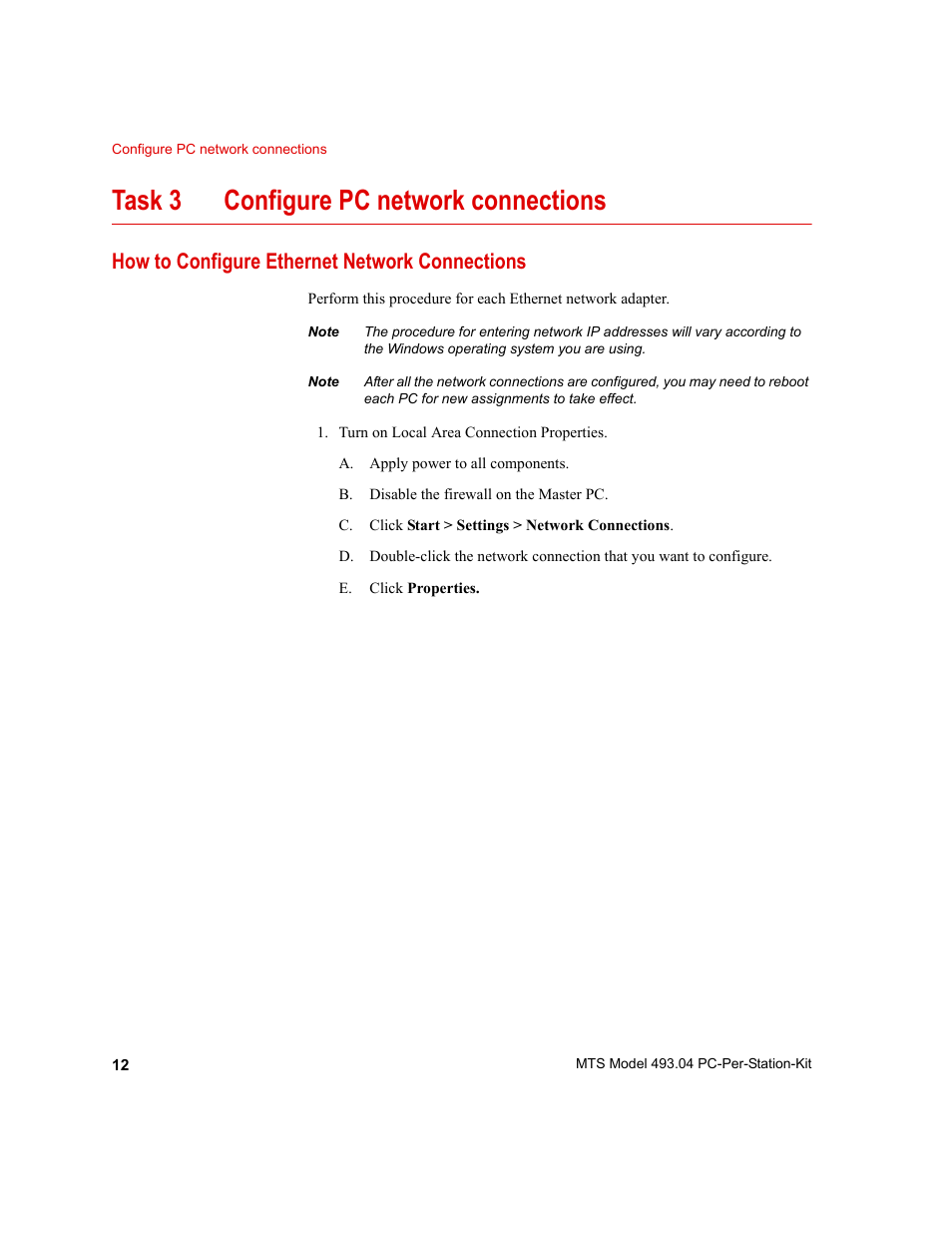 How to configure ethernet network connections, How to configure ethernet network connections 12, Task 3 configure pc network connections | MTS Model 493-04 PC-Per-Station Kit User Manual | Page 12 / 24