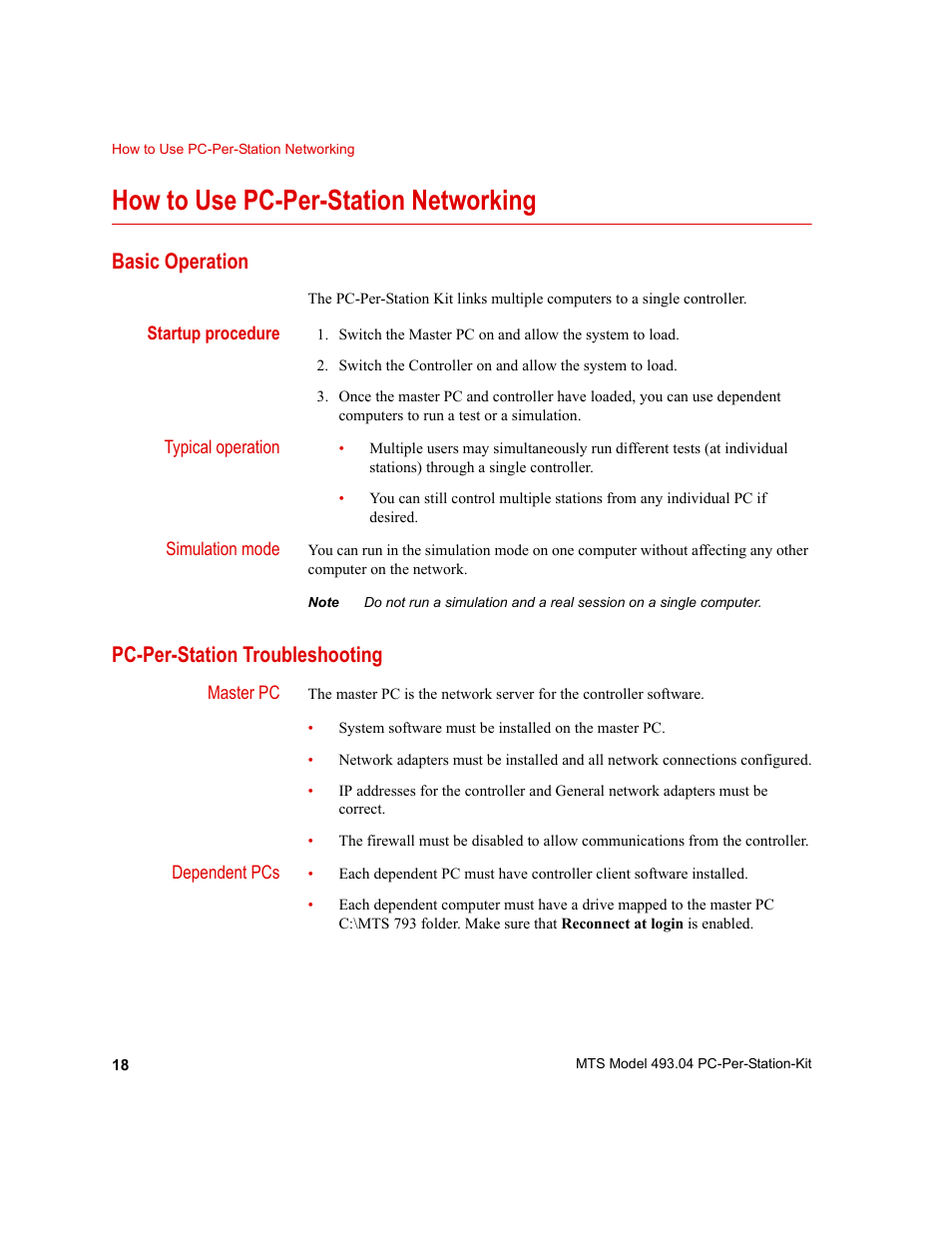 How to use pc-per-station networking, Basic operation, Pc-per-station troubleshooting | How to use pc-per-station networking 18 | MTS Model 493-04 PC-Per-Station Kit User Manual | Page 18 / 24