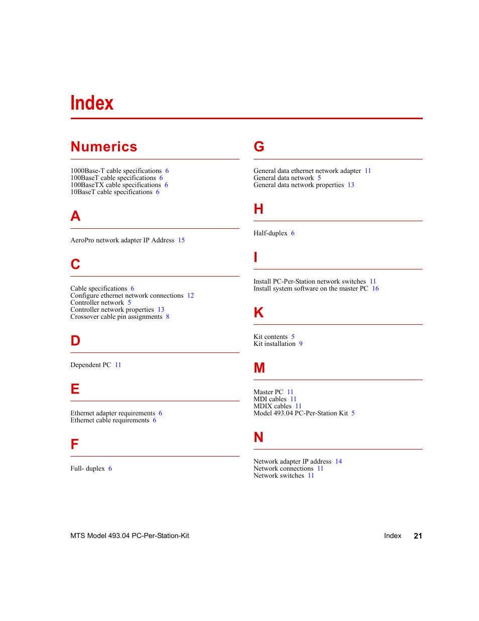 Index, Index 21, Numerics | MTS Model 493-04 PC-Per-Station Kit User Manual | Page 21 / 24