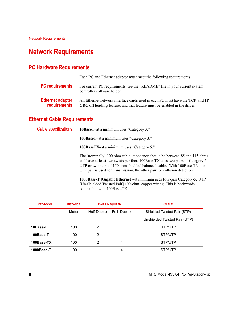 Network requirements, Pc hardware requirements, Ethernet cable requirements | Network requirements 6 | MTS Model 493-04 PC-Per-Station Kit User Manual | Page 6 / 24