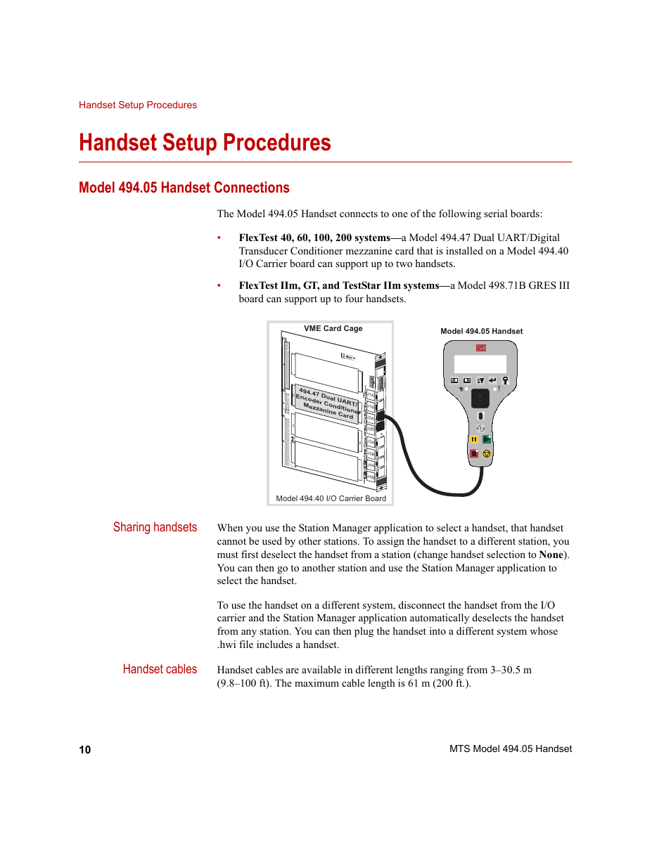 Handset setup procedures, Model 494.05 handset connections, Handset setup procedures 10 | Model 494.05 handset connections 10, Sharing handsets, Handset cables | MTS Model 494-05 Handset User Manual | Page 10 / 32