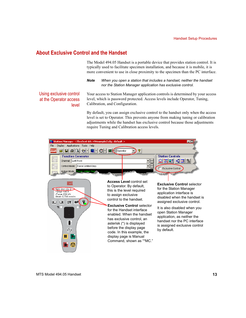 About exclusive control and the handset, About exclusive control and the handset 13 | MTS Model 494-05 Handset User Manual | Page 13 / 32