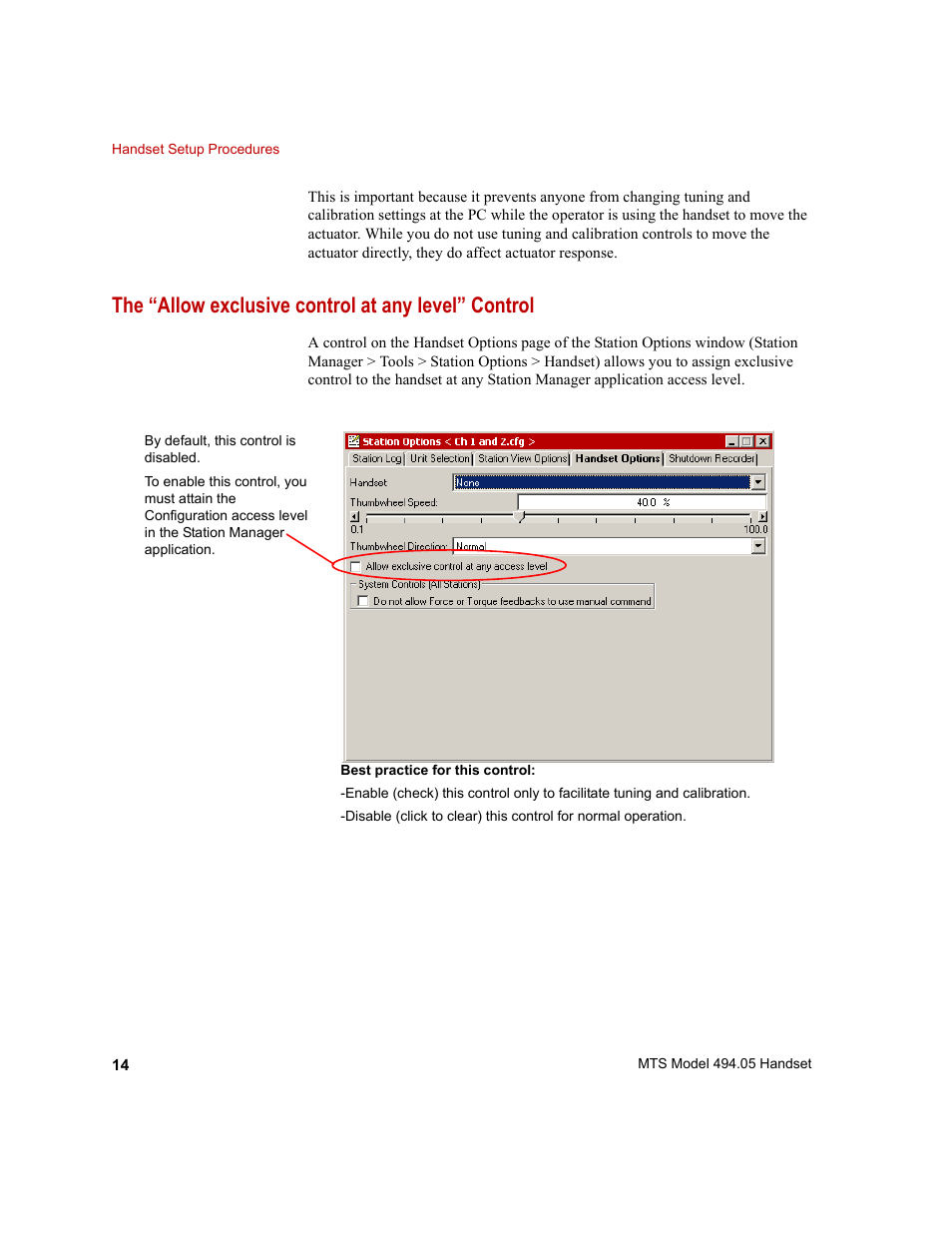 The “allow exclusive control at any level” control | MTS Model 494-05 Handset User Manual | Page 14 / 32