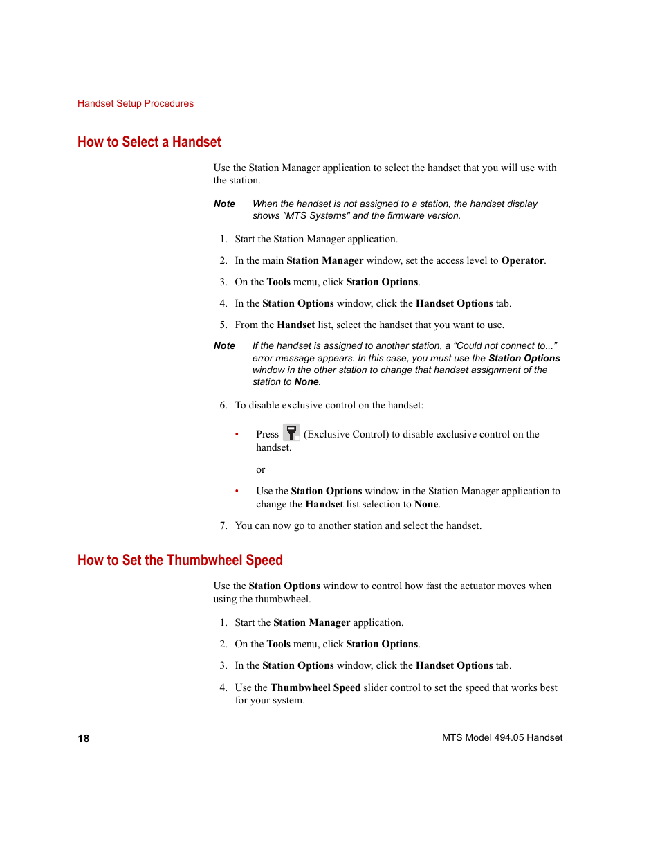 How to select a handset, How to set the thumbwheel speed, How to select a handset 18 | How to set the thumbwheel speed 18 | MTS Model 494-05 Handset User Manual | Page 18 / 32