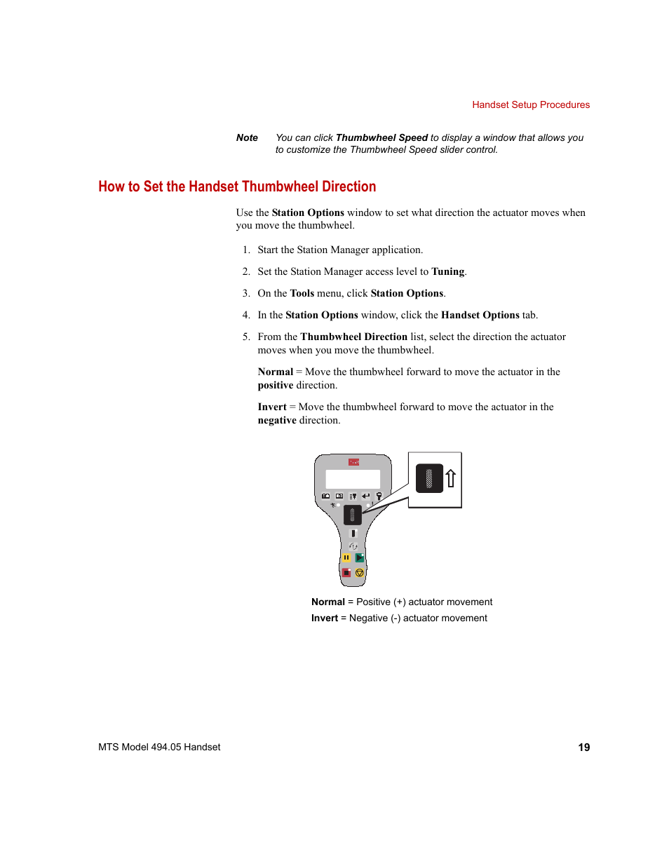 How to set the handset thumbwheel direction, How to set the handset thumbwheel direction 19 | MTS Model 494-05 Handset User Manual | Page 19 / 32