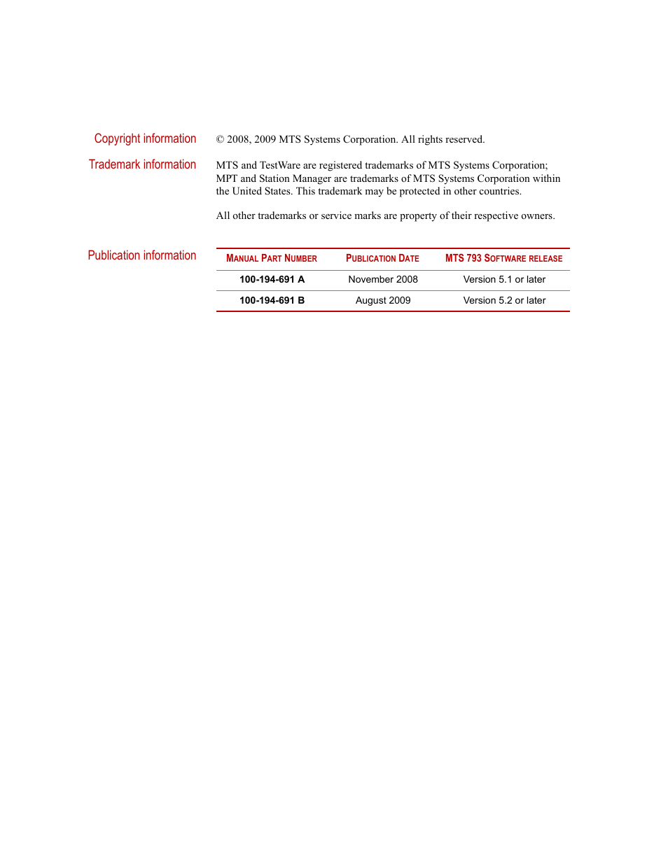 Copyright information, Trademark information, Publication information | MTS Model 494-05 Handset User Manual | Page 2 / 32