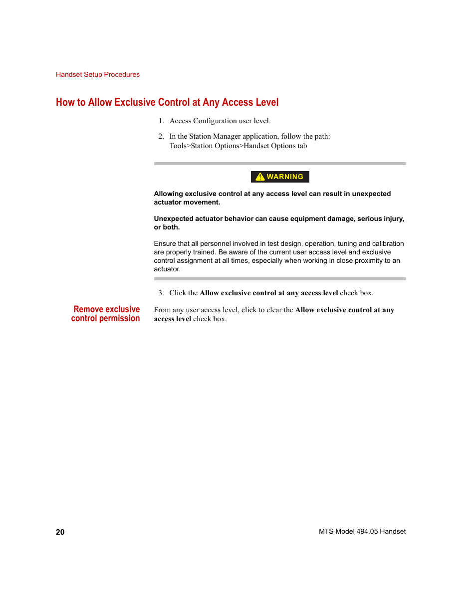 How to allow exclusive control at any access level | MTS Model 494-05 Handset User Manual | Page 20 / 32
