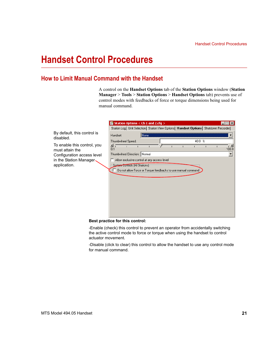 Handset control procedures, How to limit manual command with the handset, Handset control procedures 21 | How to limit manual command with the handset 21 | MTS Model 494-05 Handset User Manual | Page 21 / 32