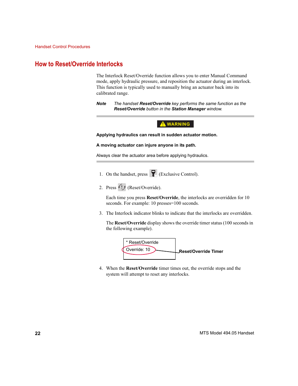 How to reset/override interlocks, How to reset/override interlocks 22 | MTS Model 494-05 Handset User Manual | Page 22 / 32