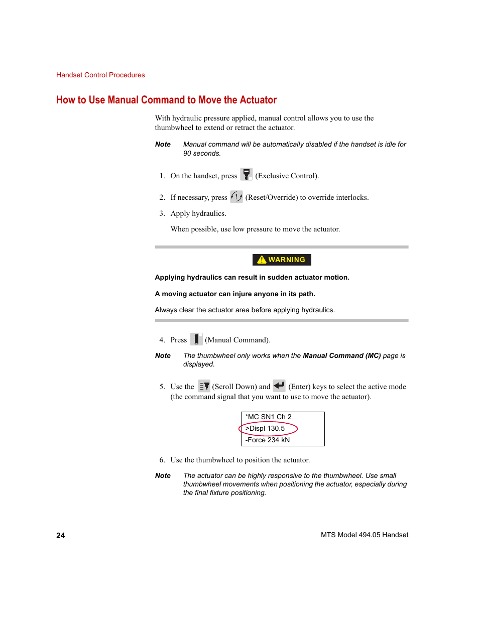 How to use manual command to move the actuator, How to use manual command to move the actuator 24 | MTS Model 494-05 Handset User Manual | Page 24 / 32