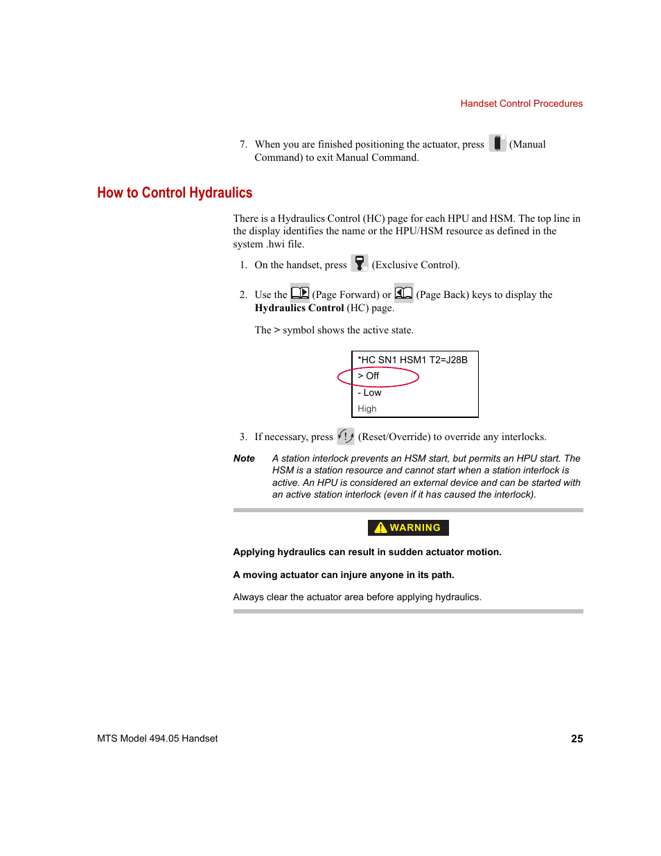 How to control hydraulics, How to control hydraulics 25 | MTS Model 494-05 Handset User Manual | Page 25 / 32