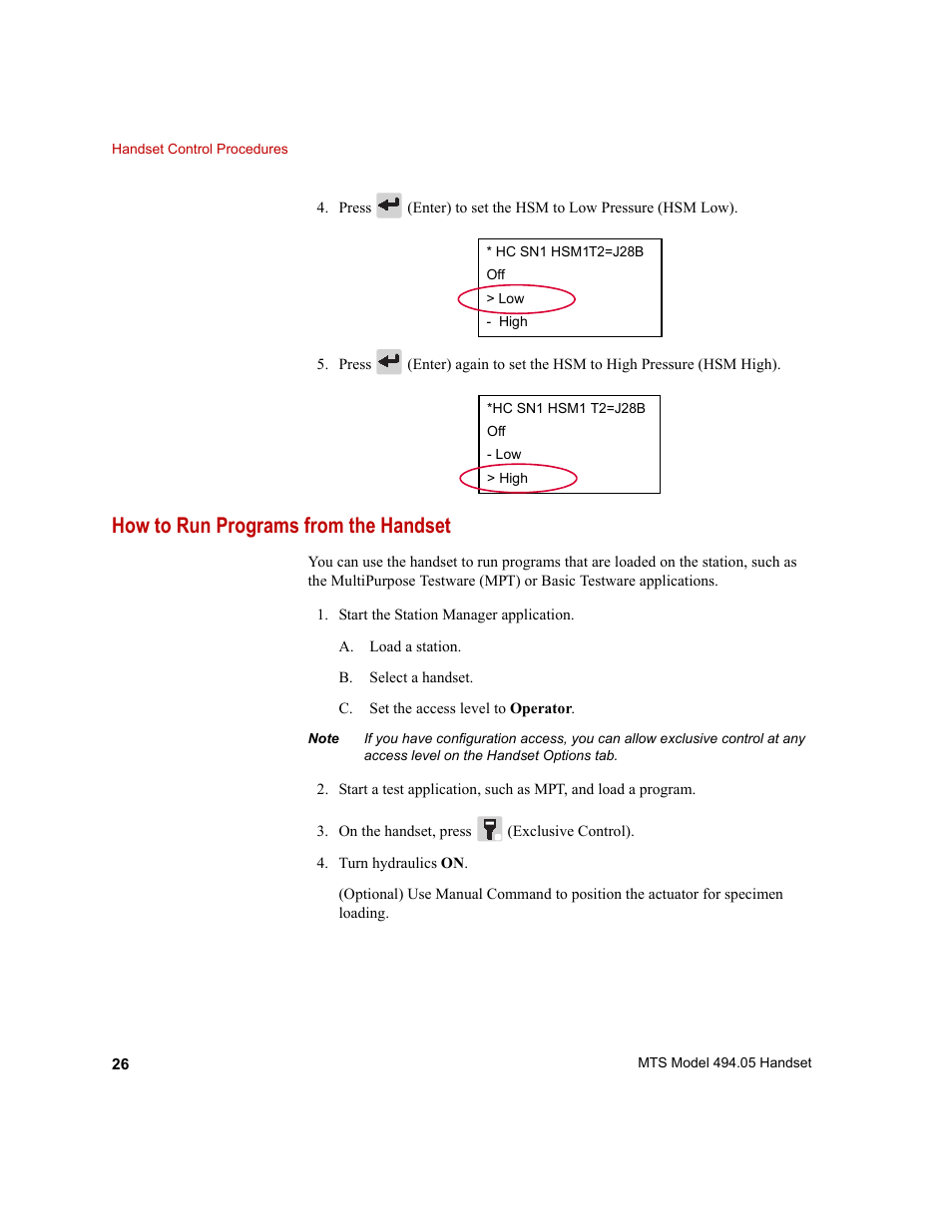 How to run programs from the handset, How to run programs from the handset 26 | MTS Model 494-05 Handset User Manual | Page 26 / 32