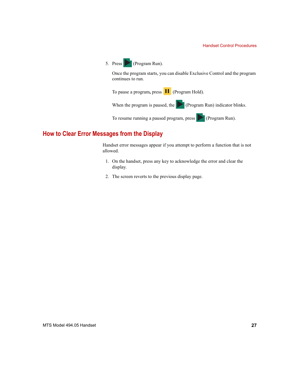 How to clear error messages from the display, How to clear error messages from the display 27 | MTS Model 494-05 Handset User Manual | Page 27 / 32