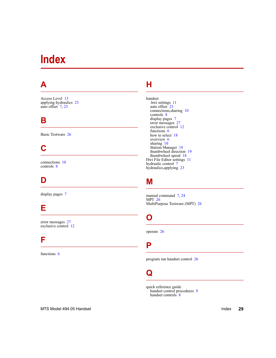 Index, Index 29 | MTS Model 494-05 Handset User Manual | Page 29 / 32