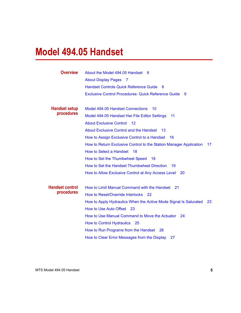 Model 494.05 handset, Model 494.05 handset 5 | MTS Model 494-05 Handset User Manual | Page 5 / 32