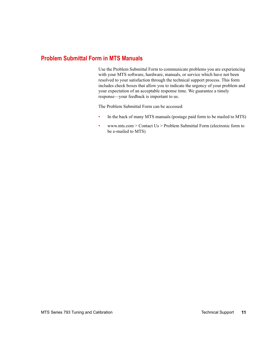 Problem submittal form in mts manuals, Problem submittal form in mts manuals 11 | MTS Series 793 User Manual | Page 11 / 218