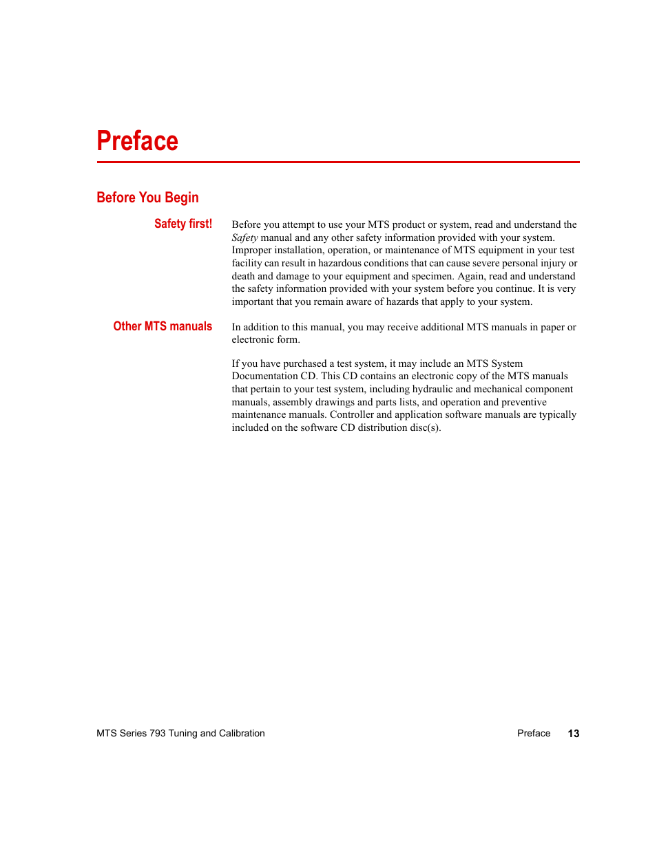 Preface, Before you begin, Preface 13 | Before you begin 13 | MTS Series 793 User Manual | Page 13 / 218