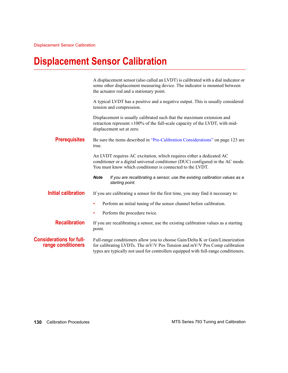 Displacement sensor calibration, Displacement sensor calibration 130 | MTS Series 793 User Manual | Page 130 / 218