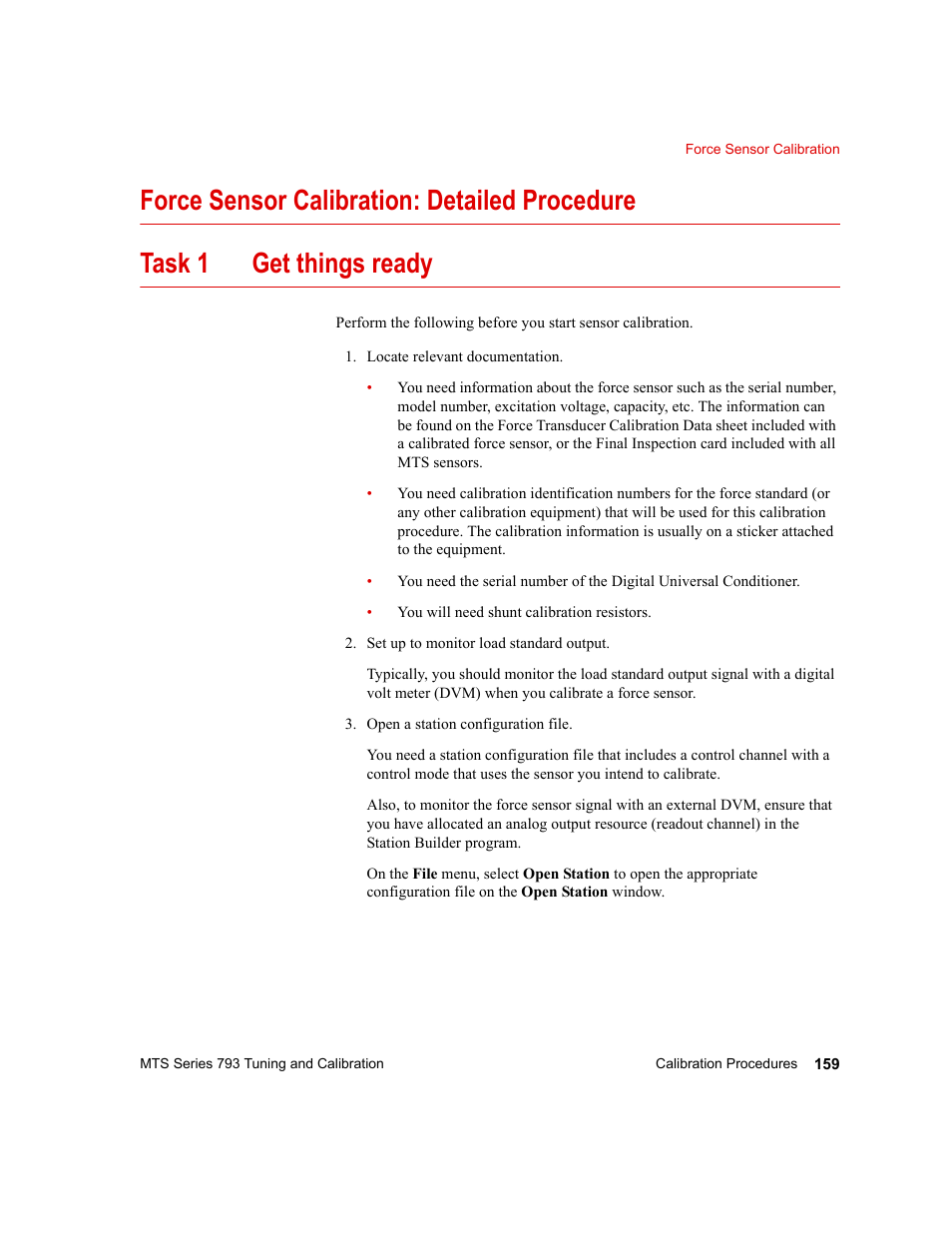 Force sensor calibration: detailed procedure, Force sensor calibration: detailed procedure 159, Task 1, “get things ready | MTS Series 793 User Manual | Page 159 / 218