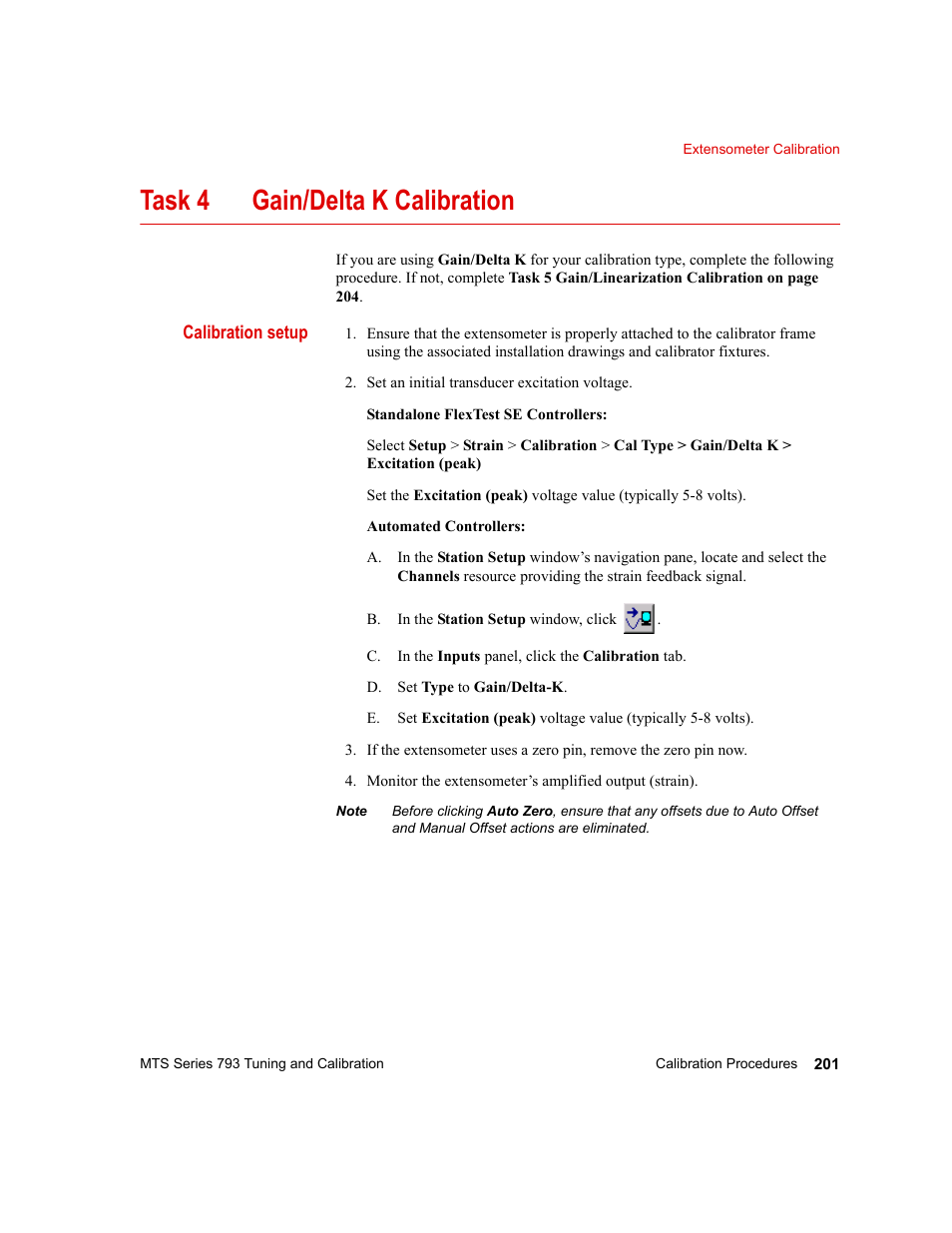 Task 4, “gain/delta k calibration, Task 4 gain/delta k calibration | MTS Series 793 User Manual | Page 201 / 218