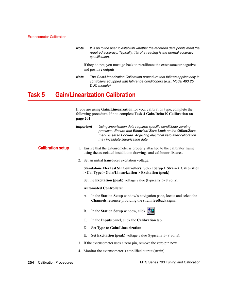 Task 5, “gain/linearization calibration, Task 5 gain/linearization calibration | MTS Series 793 User Manual | Page 204 / 218