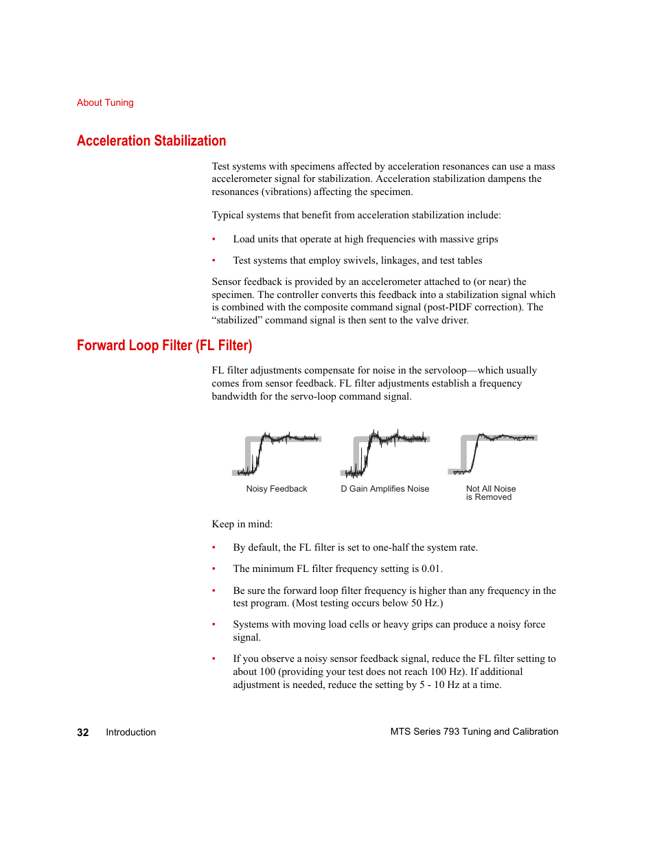 Acceleration stabilization, Forward loop filter (fl filter), Acceleration stabilization 32 | Forward loop filter (fl filter) 32 | MTS Series 793 User Manual | Page 32 / 218