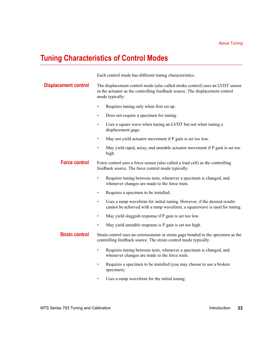 Tuning characteristics of control modes, Tuning characteristics of control modes 33 | MTS Series 793 User Manual | Page 33 / 218