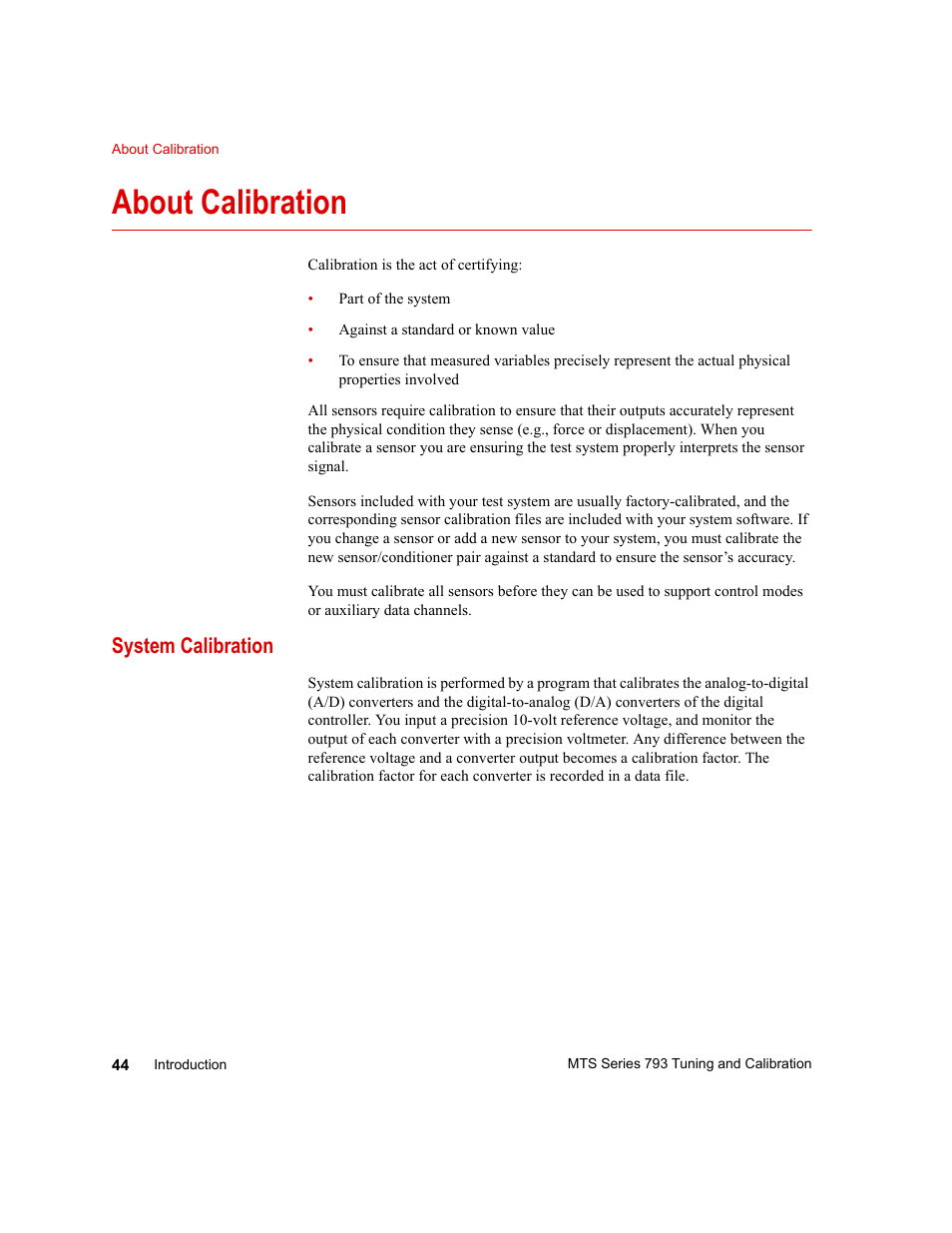 About calibration, System calibration, About calibration 44 | System calibration 44 | MTS Series 793 User Manual | Page 44 / 218