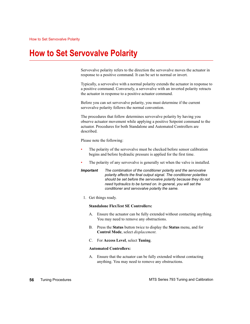 How to set servovalve polarity, How to set servovalve polarity 56 | MTS Series 793 User Manual | Page 56 / 218