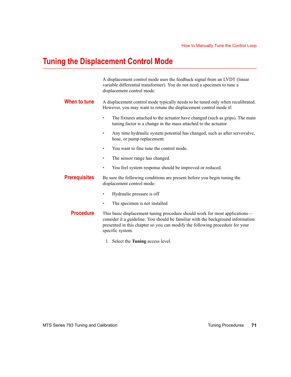 Tuning the displacement control mode, Tuning the displacement control mode 71 | MTS Series 793 User Manual | Page 71 / 218