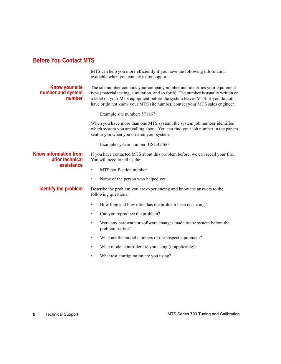 Before you contact mts, Before you contact mts 8 | MTS Series 793 User Manual | Page 8 / 218