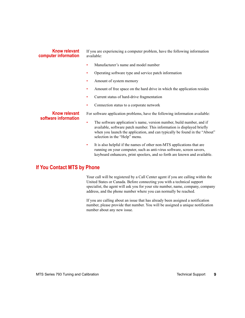 If you contact mts by phone, If you contact mts by phone 9 | MTS Series 793 User Manual | Page 9 / 218