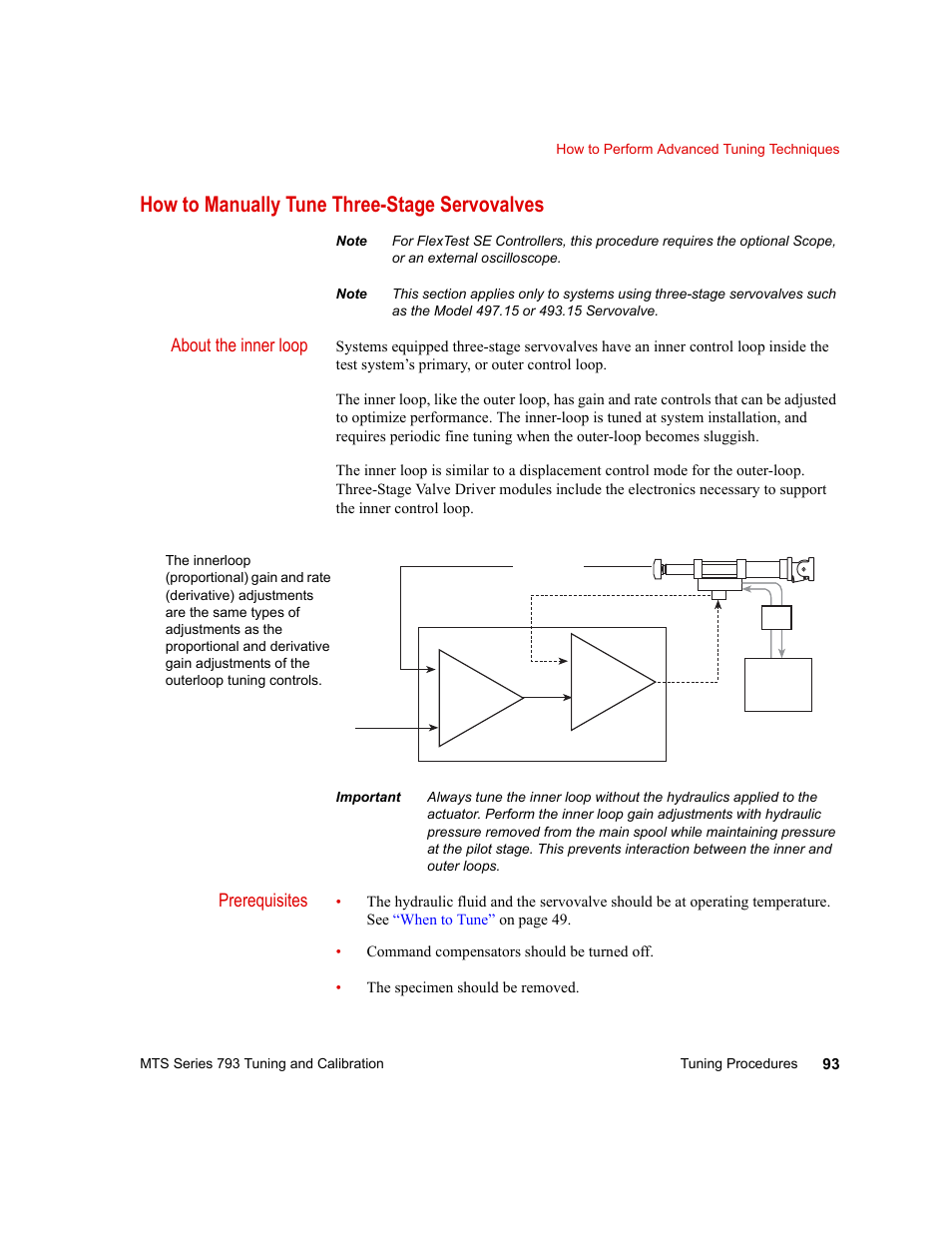 How to manually tune three-stage servovalves, How to manually tune three-stage servovalves 93, How to manually tune three | Stage servovalves, About the inner loop, Prerequisites | MTS Series 793 User Manual | Page 93 / 218