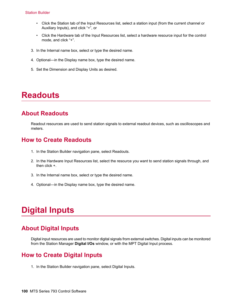 Readouts, About readouts, How to create readouts | Digital inputs, About digital inputs, How to create digital inputs | MTS Series 793 User Manual | Page 100 / 490