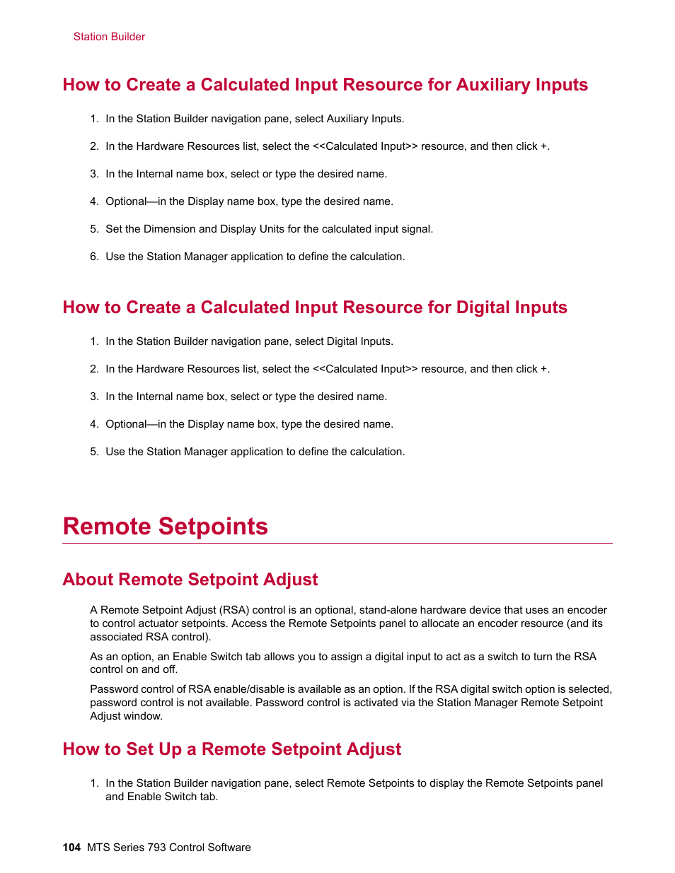 Remote setpoints, About remote setpoint adjust, How to set up a remote setpoint adjust | MTS Series 793 User Manual | Page 104 / 490