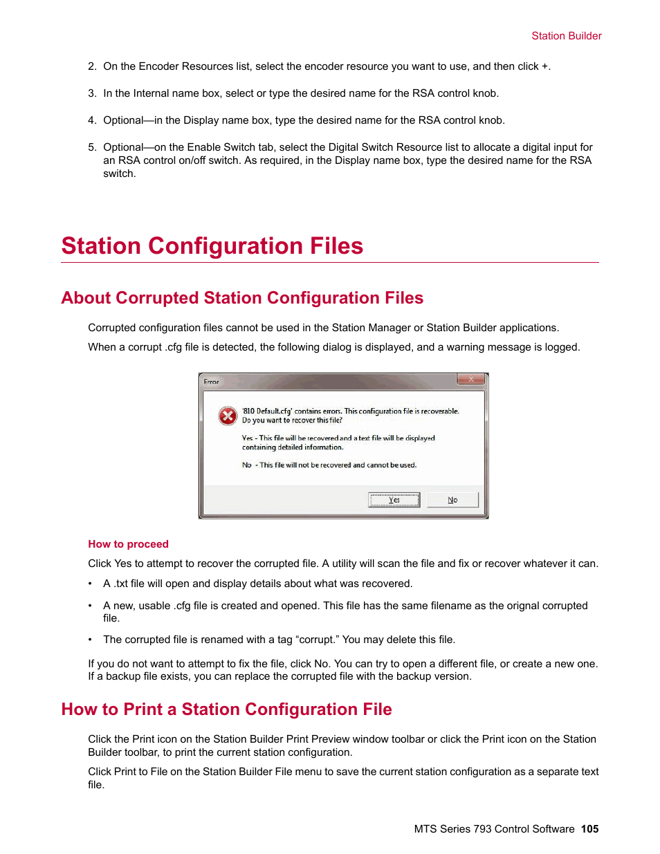 Station configuration files, About corrupted station configuration files, How to print a station configuration file | MTS Series 793 User Manual | Page 105 / 490