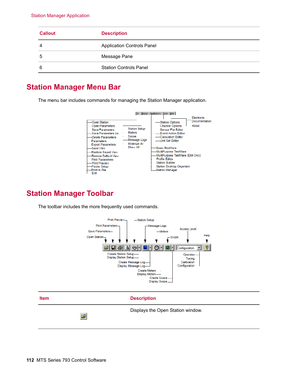 Station manager menu bar, Station manager toolbar | MTS Series 793 User Manual | Page 112 / 490