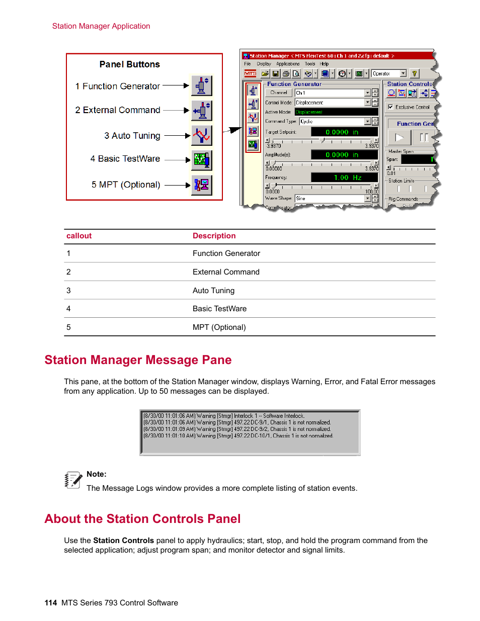 Station manager message pane, About the station controls panel | MTS Series 793 User Manual | Page 114 / 490