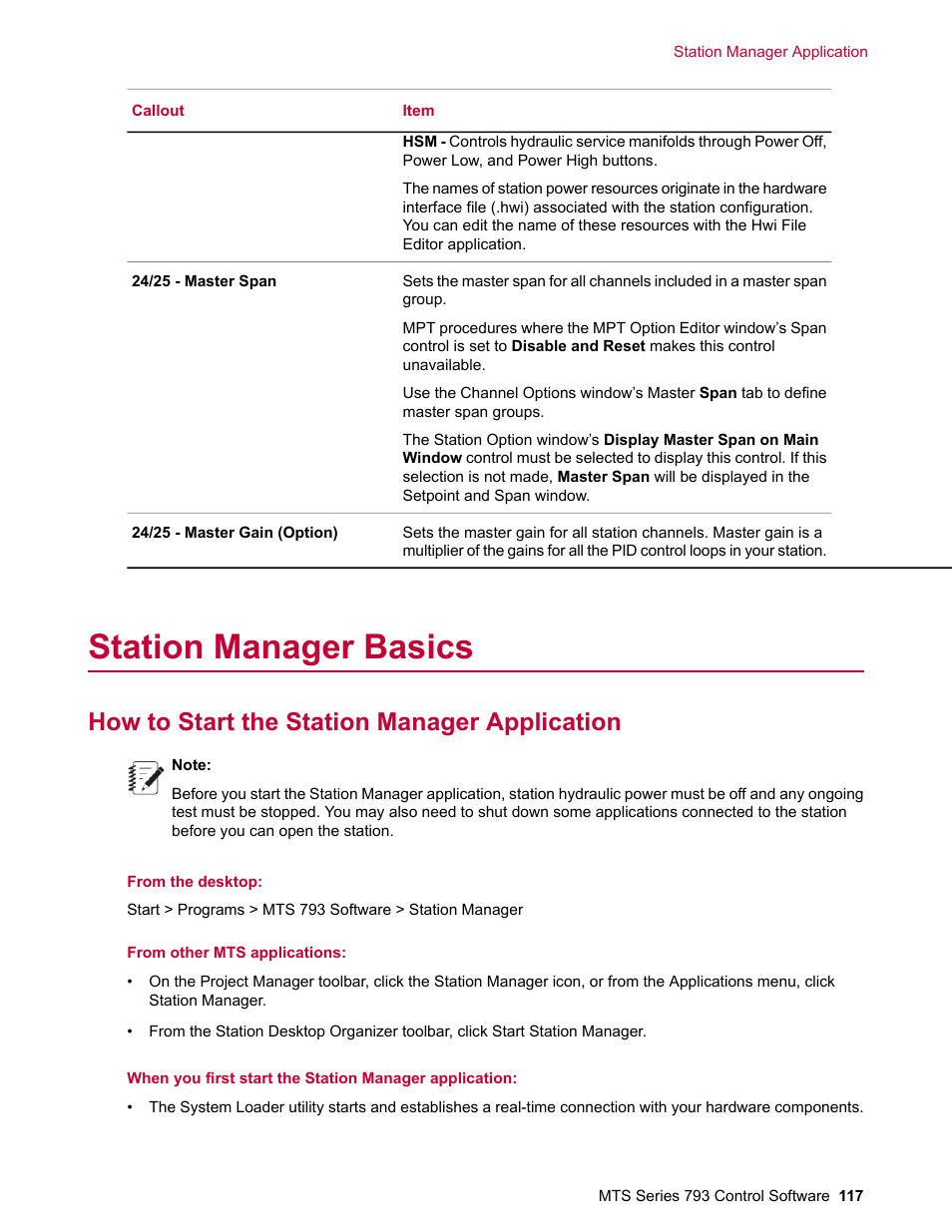 Station manager basics, How to start the station manager application | MTS Series 793 User Manual | Page 117 / 490