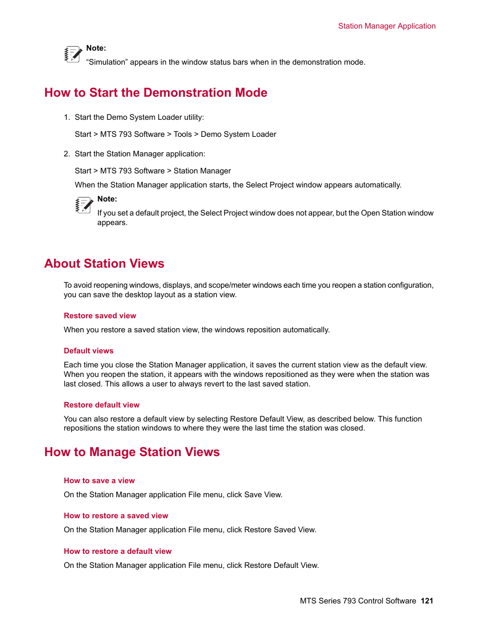 How to start the demonstration mode, About station views, How to manage station views | MTS Series 793 User Manual | Page 121 / 490