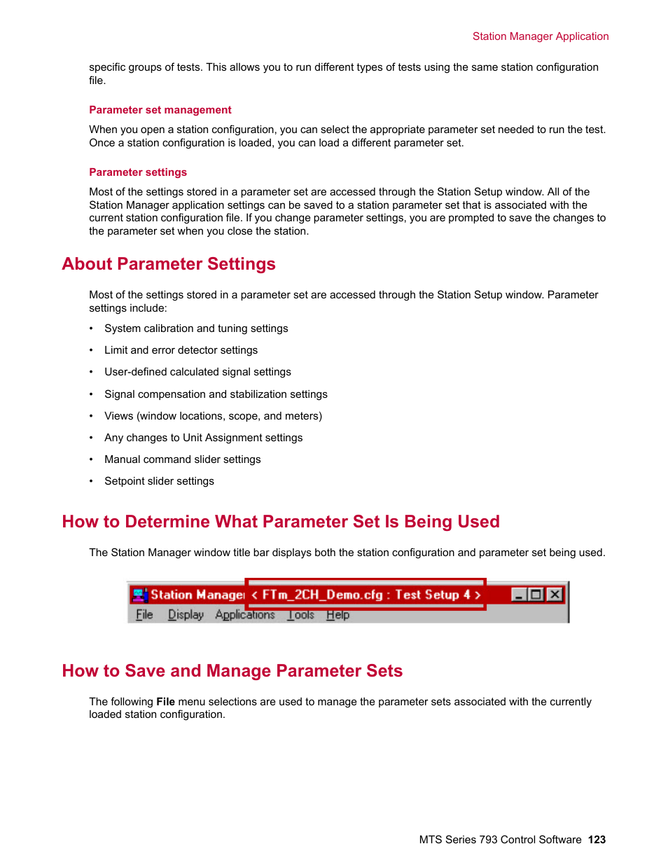 About parameter settings, How to determine what parameter set is being used, How to save and manage parameter sets | MTS Series 793 User Manual | Page 123 / 490