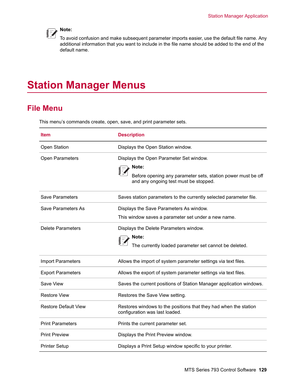 Station manager menus, File menu | MTS Series 793 User Manual | Page 129 / 490