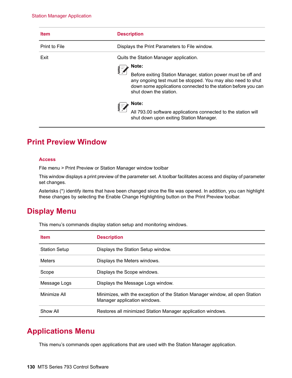 Print preview window, Display menu, Applications menu | MTS Series 793 User Manual | Page 130 / 490