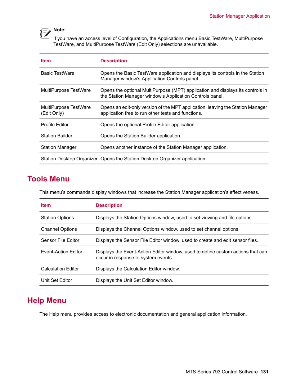 Tools menu, Help menu | MTS Series 793 User Manual | Page 131 / 490