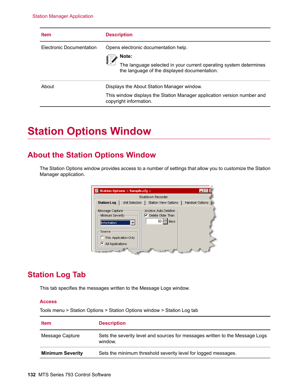 Station options window, About the station options window, Station log tab | MTS Series 793 User Manual | Page 132 / 490