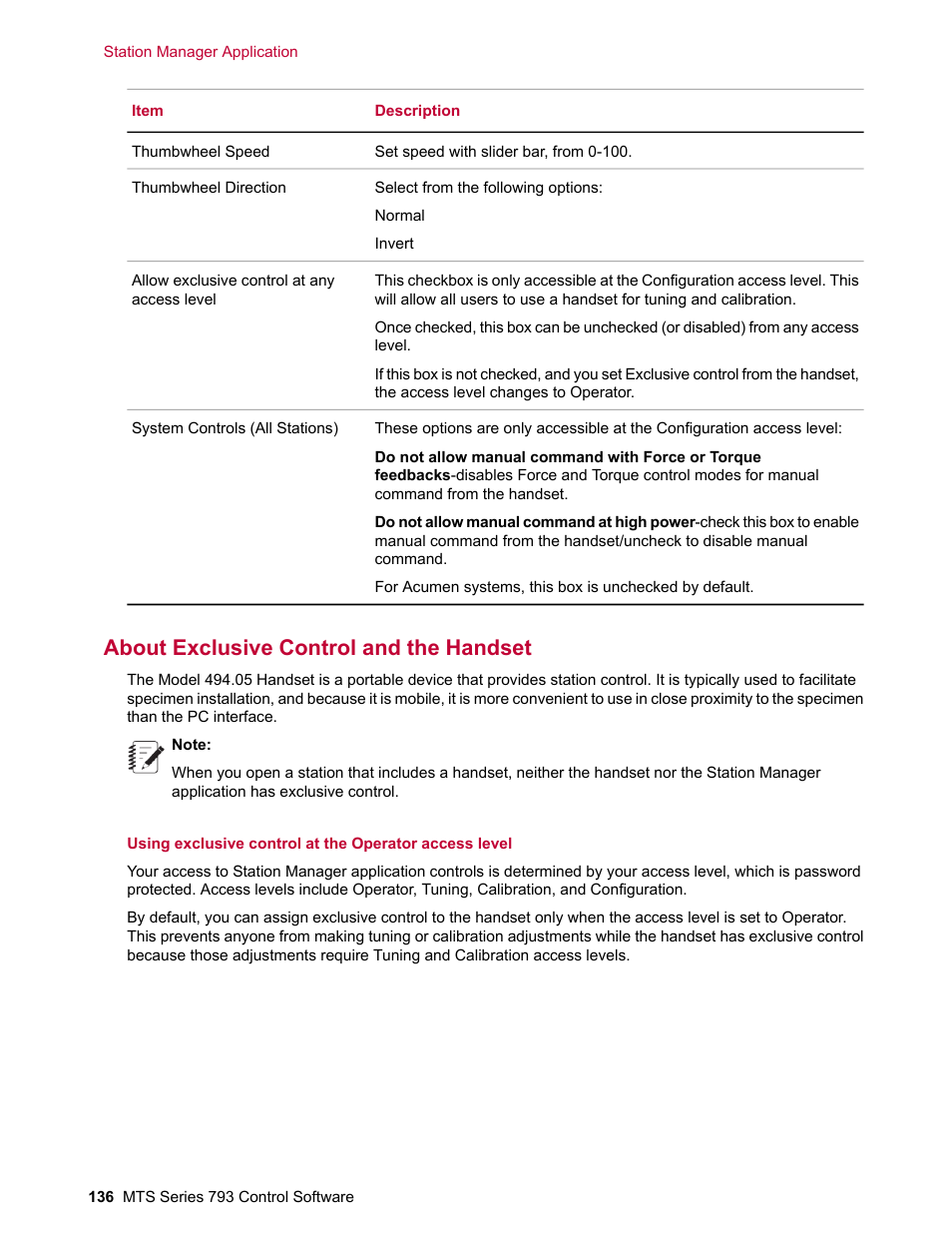 About exclusive control and the handset | MTS Series 793 User Manual | Page 136 / 490