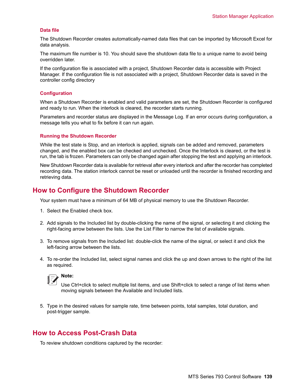 How to configure the shutdown recorder, How to access post-crash data | MTS Series 793 User Manual | Page 139 / 490